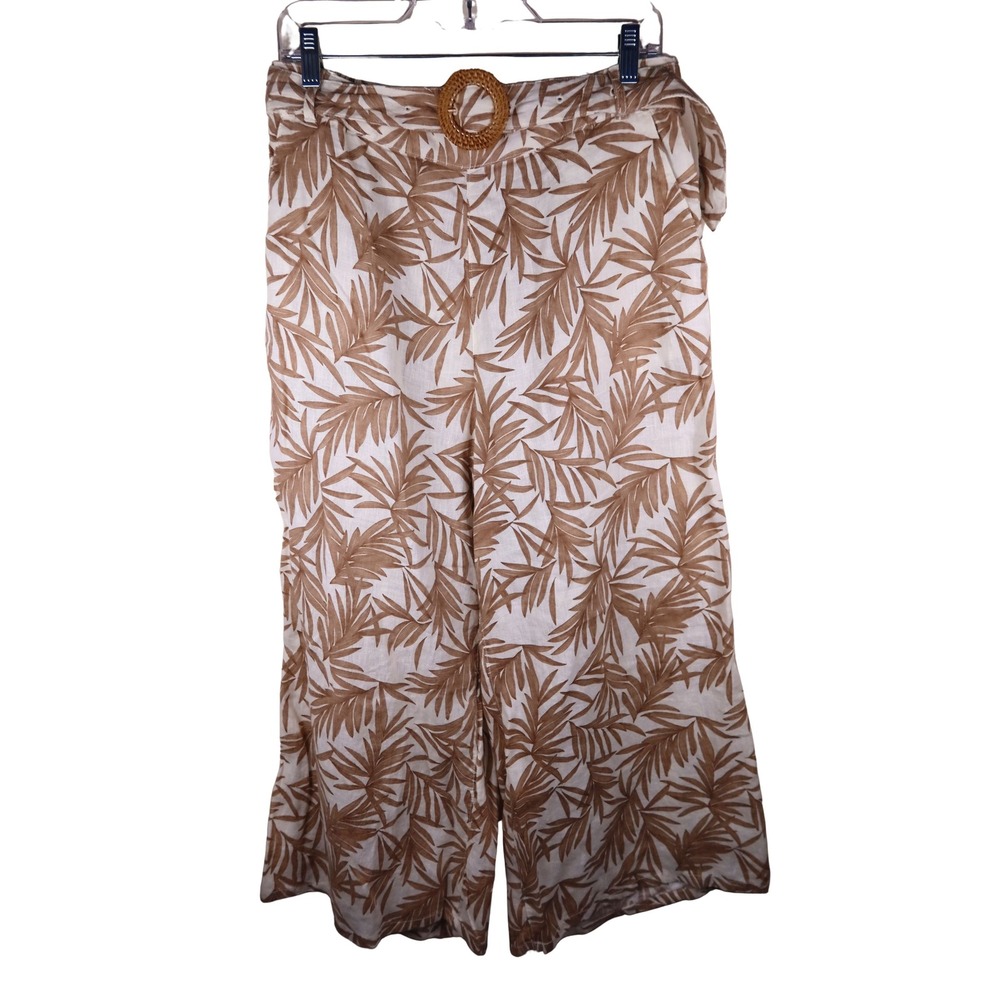 Nicole Miller Tropical Palm Print Wide Leg Linen Blend Pants Tan White L
